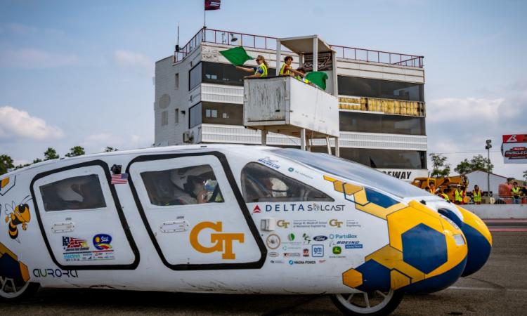 Georgia Tech Solar Racing's vehicle on the track at the Formula Sun Grand Prix.