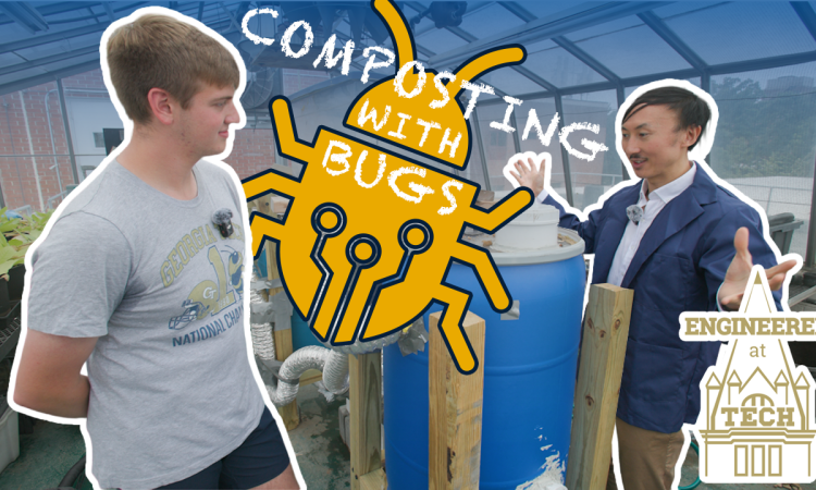 Two people talking to each other in a greenhouse with a graphic titled "composting with bugs" on it. 