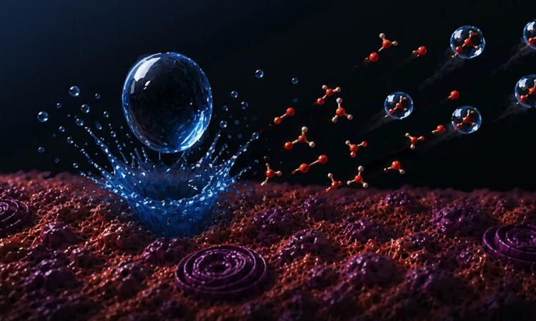 Illustration of a droplet impacting a surface and causing molecules to eject from the sample.
