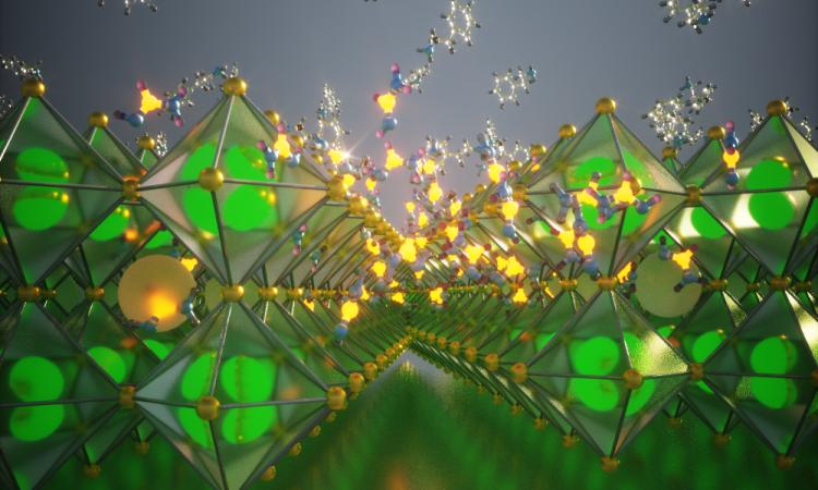 3D illustration of diamond-shaped perovskite structure in longs rows stacked in two layers.