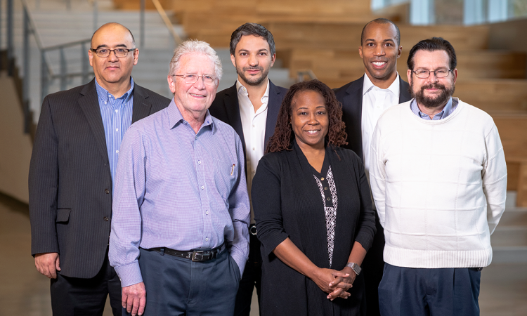 Georgia Tech faculty who have founded startups. Back row: Santiago Grijalva, Gleb Yushin, Baratunde Cola. Front row: Steven Danyluk, Ayanna Howard, Jeffrey Skolnick