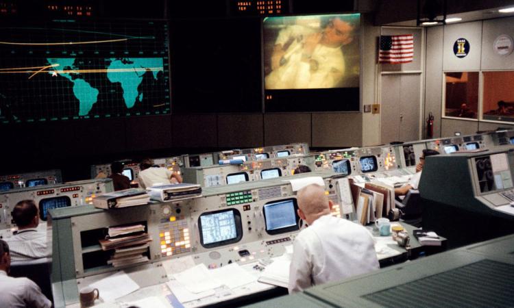 A view of the Mission Operations Control Room during a television transmission from the Apollo 13 mission in space.