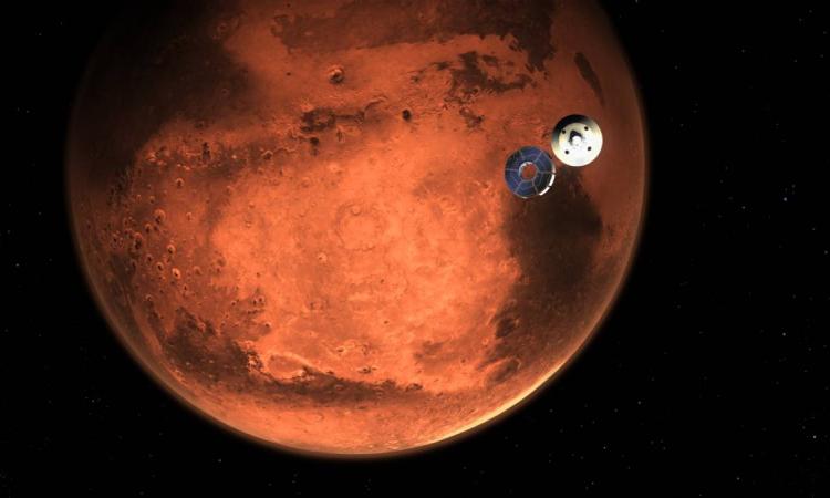 Perseverance rover approaching Mars, illustration