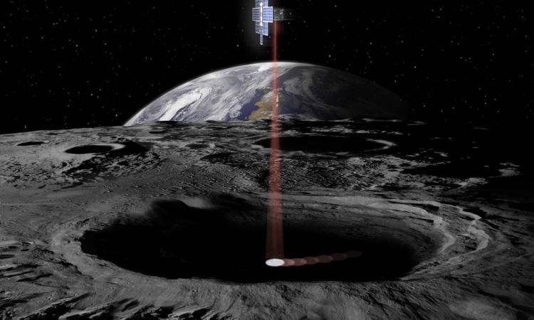 illustration of Lunar Flashlight CubeSat orbiting moon 