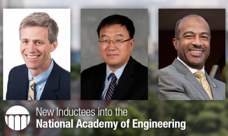 Headshots of Timothy Lieuwen, Jianjun (Jan) Shi, and Gary May with text overlay "New Inductees into the National Academy of Engineering."