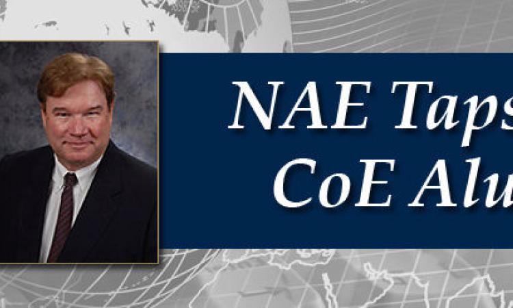 Headshots of James O. Ellis and John R. Huff with text overlay "NAE Taps Two CoE Alumni"