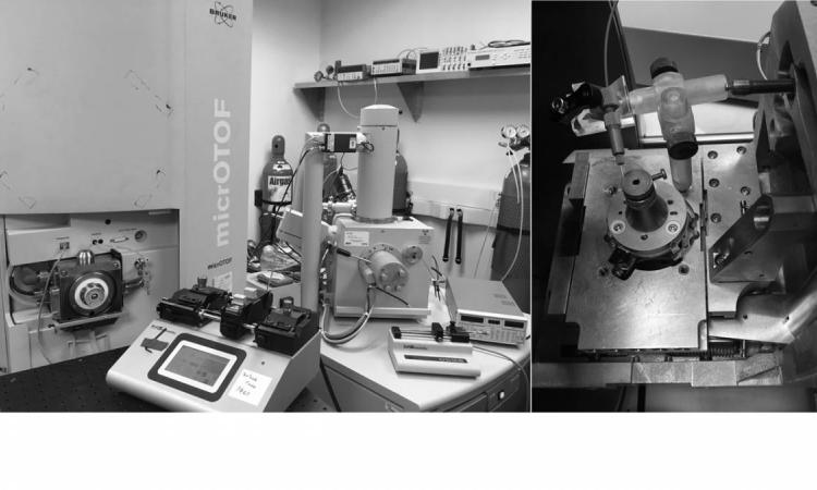 Image shows a mass spectrometer and scanning electronic microscope that provide the foundation for the BeamMap system, which can simultaneously determine surface topology and chemical makeup of a biological sample.