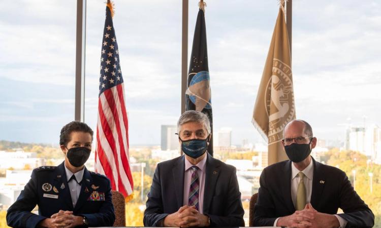 image of Lt. General Nina M. Armagno, U.S. Space Force director of staff, with Georgia Tech Executive Vice President for Research Chaouki T. Abdallah and Provost Steven W. McLaughlin (L to R).