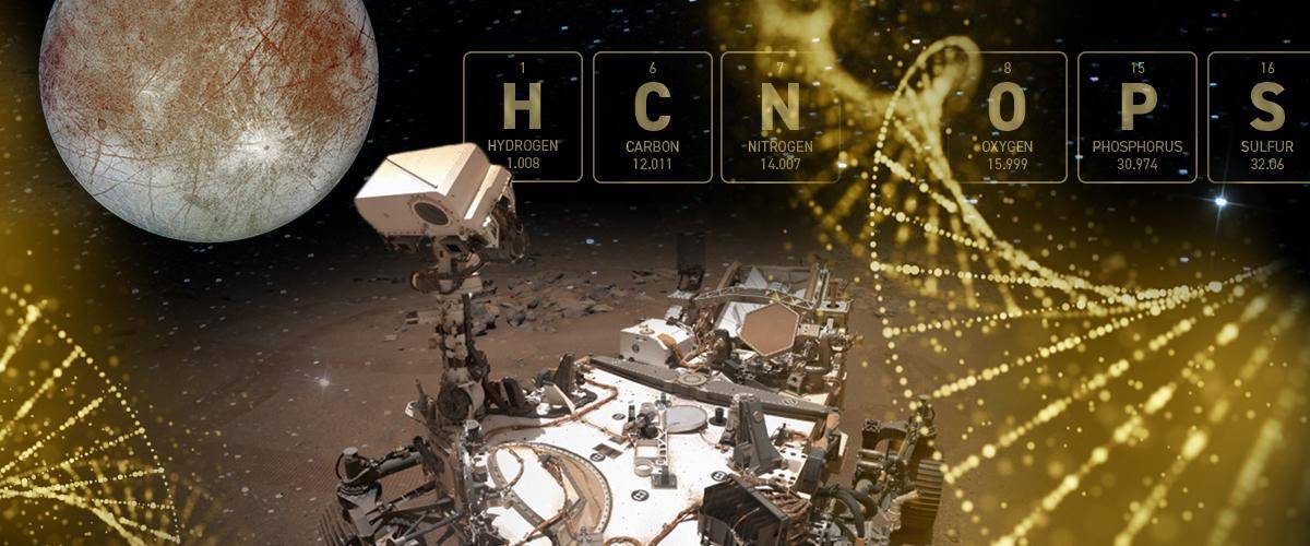 composite image of space, DNA, and elements 