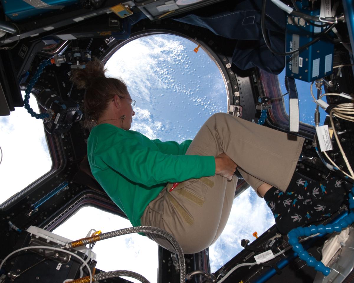 Sandy Magnus in the cupola of the International Space Station