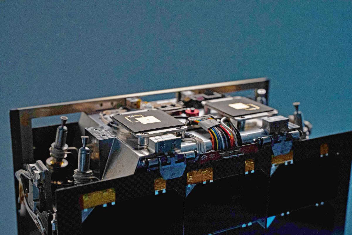 Closeup of the Lunar Flashlight propulsion system, with four small thrusters at the corners.