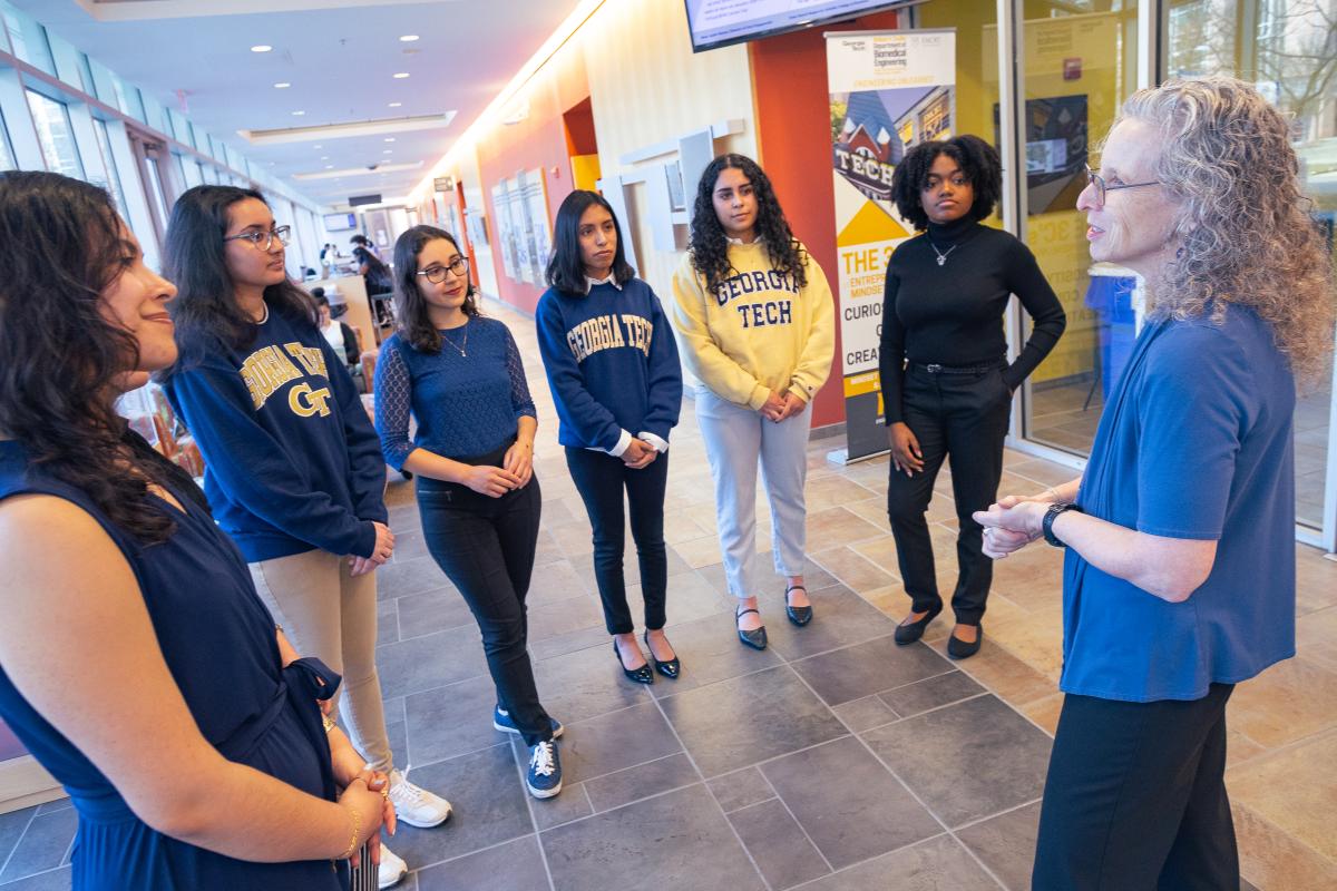 Alyssa Panitch speaks to a group of women students in the Whitaker Building