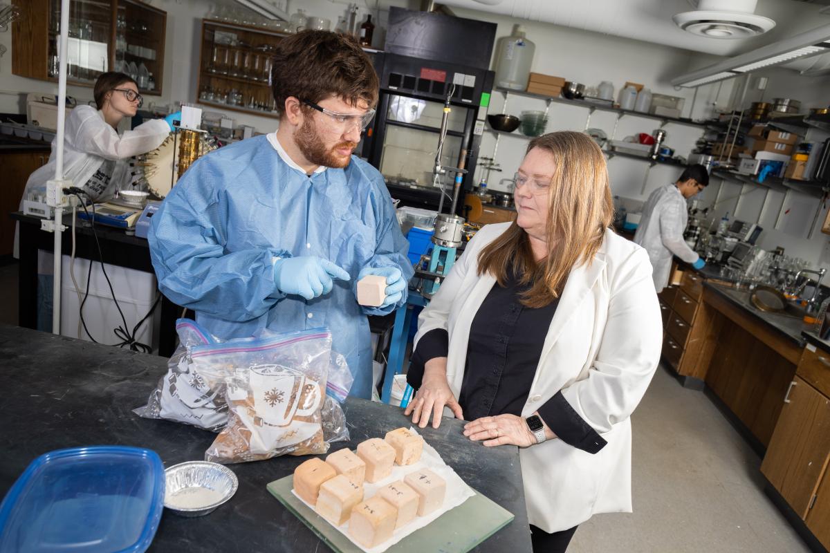 Susan Burns and a student work in the lab