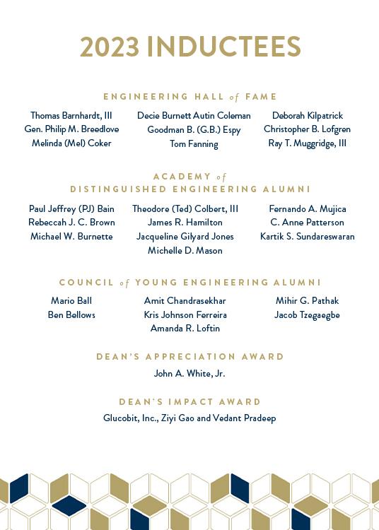 The 2023 Inductees in the Engineering Hall of Fame, Academy of Distinguished Engineering Alumni, Council of Outstanding Young Alumni, Dean's Appreciation Award, and Dean's Impact Award
