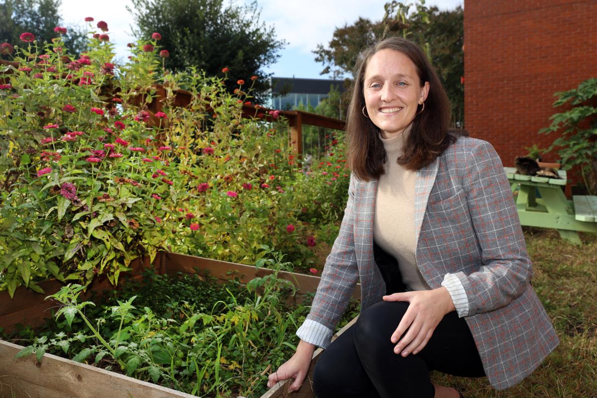 Associate Professor Marta Hatzell in the Georgia Tech campus community garden