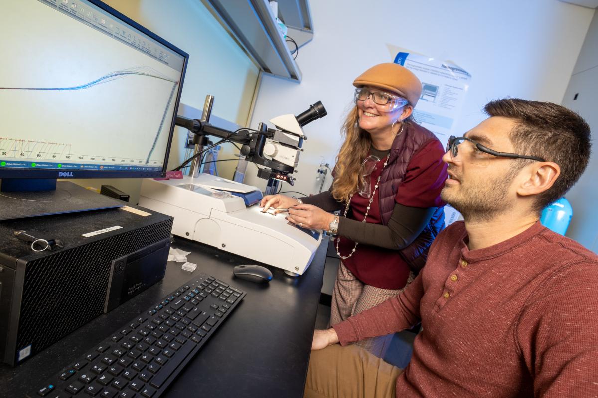 Natalie Stingelin and a student look at a microscope image on a computer screen