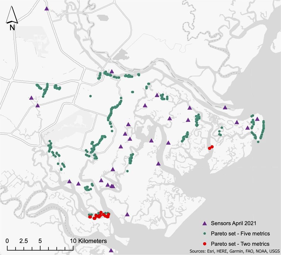 Map of Chatham County, Georgia, with green and red dots showing potential locations for water-level sensors.