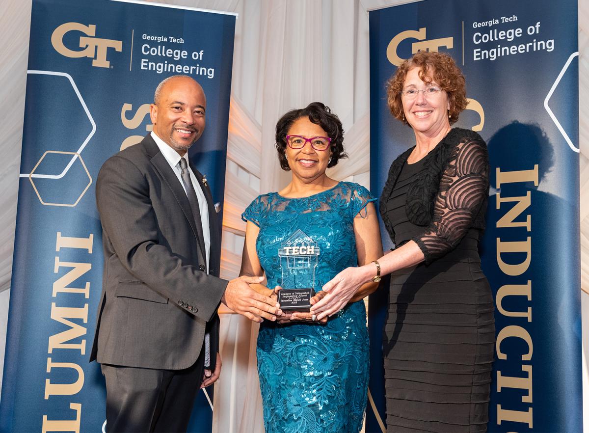 Dean Raheem Beyah with inductee Jacqueline Jones and co-host Sandy Magnus