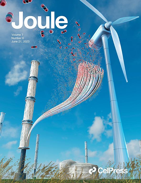 Cover of the June 21, 2023, issue of the journal Joule, featuring an artist's rendering of the DAC system installation harvesting CO2 molecules at a wind farm.