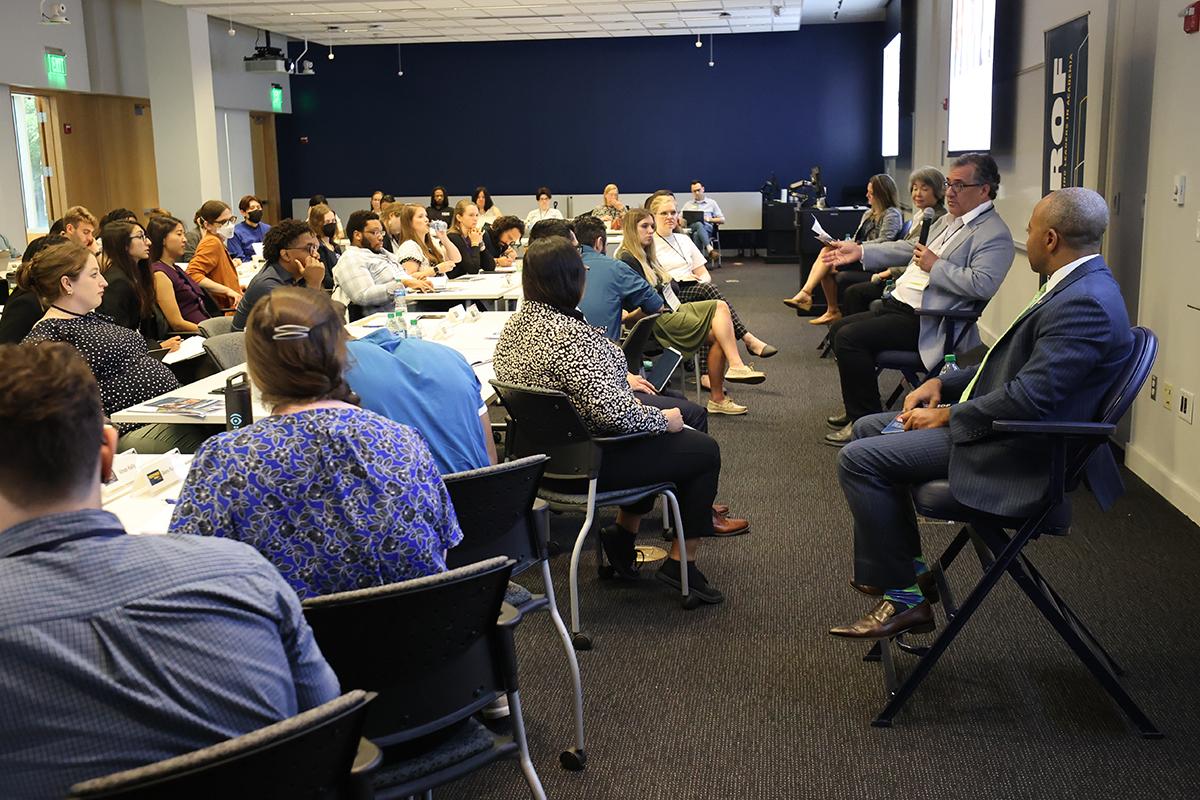 NextProf Nexus participants listen to the deans of engineering from Georgia Tech, Michigan, and the University of California, Berkeley. (Photo: Candler Hobbs)