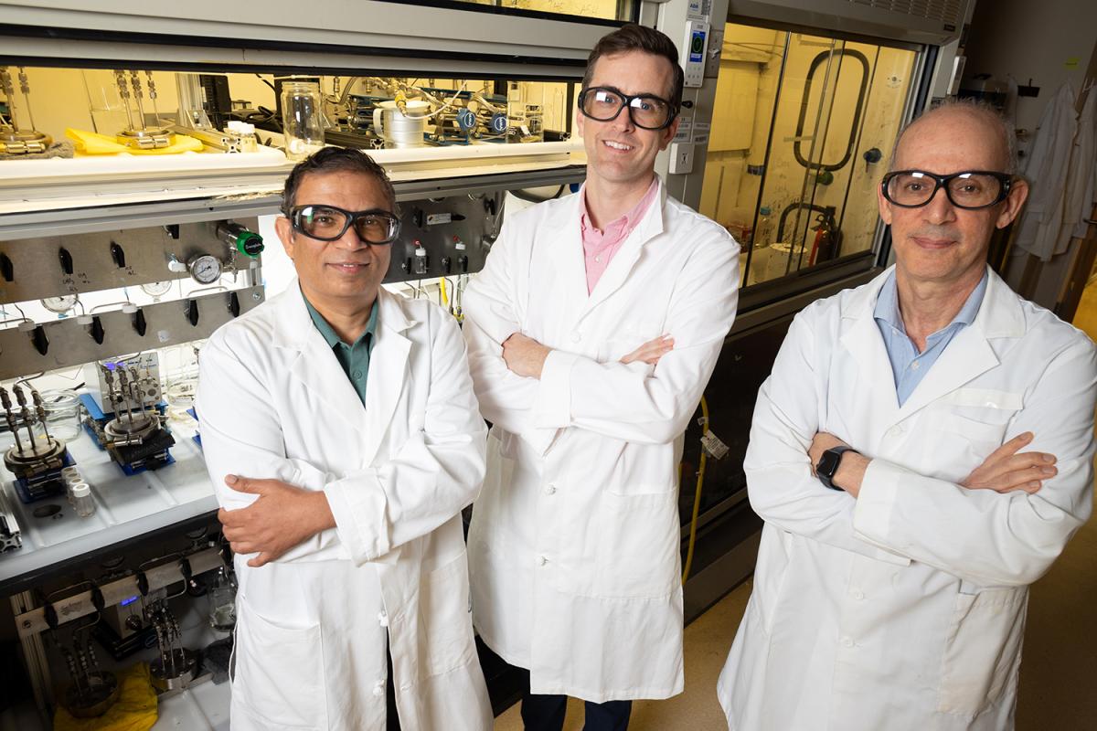 Researchers Rampi Ramprasad, Ryan Lively, and M.G. Finn in the lab. (Photo: Candler Hobbs)