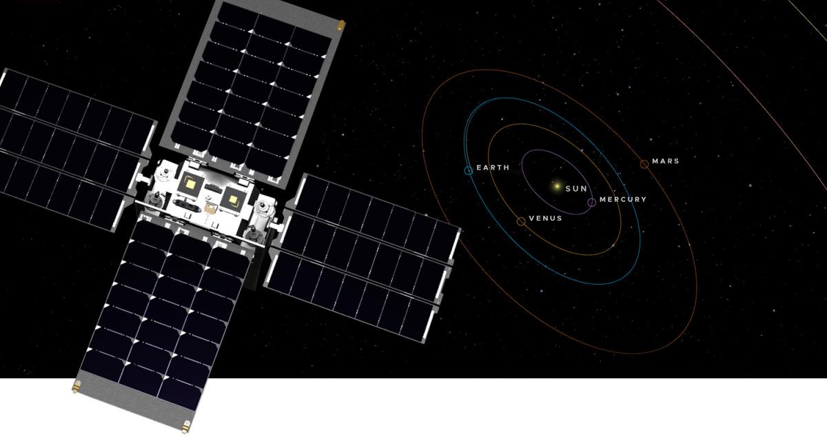 Lunar Flashlight spacecraft with names of planets behind it