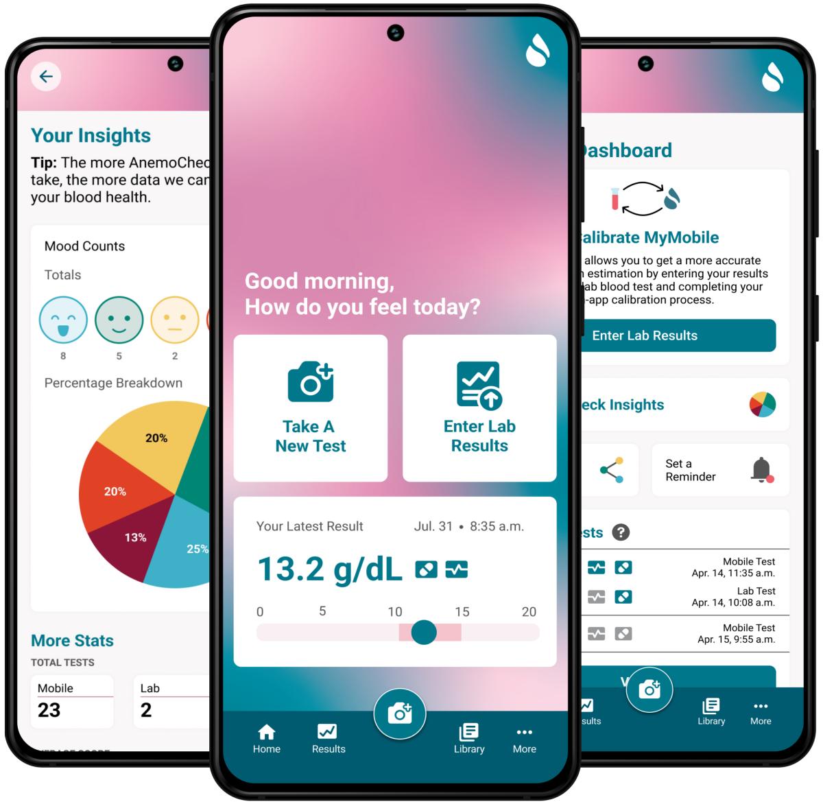 three smartphones showing examples of the AnemoCheck app interface