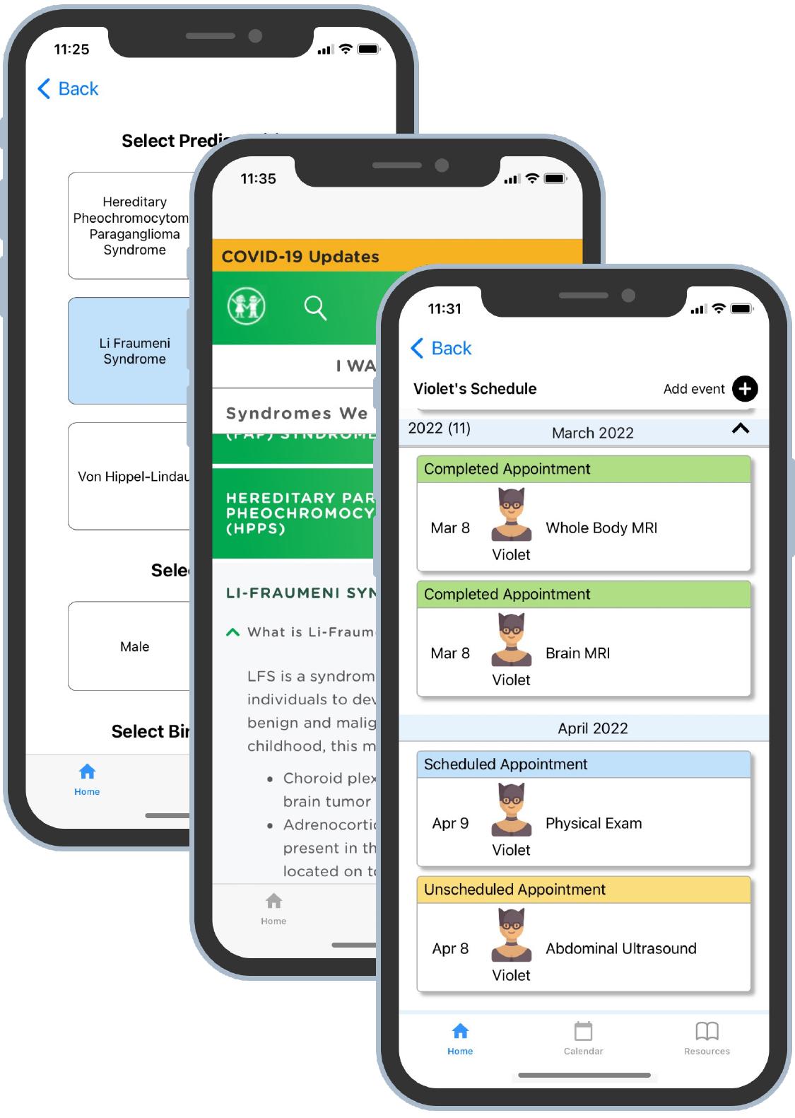 a series of three smartphones displaying different examples of the HomeTown health monitoring app