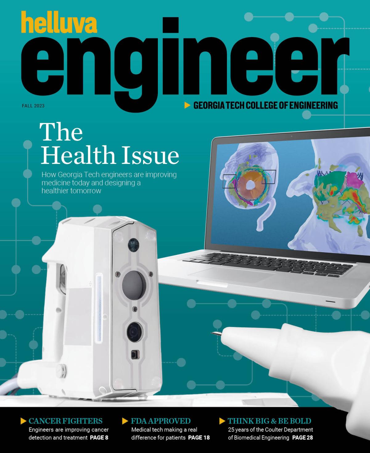 thumbnail image of the fall 2023 magazine cover featuring the "Helluva Engineer" flag, "The Health Issue" title, and FDA device imagery