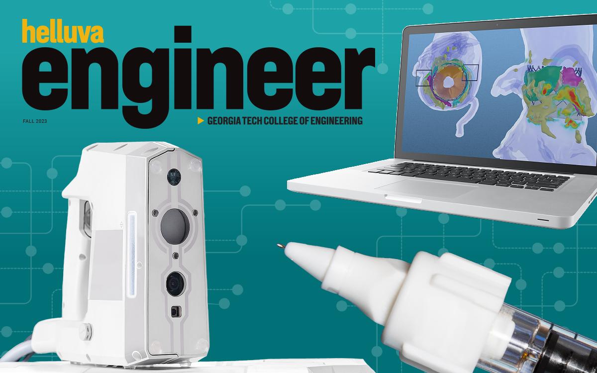 Partial cover of Helluva Engineer magazine featuring the nameplate plus a hand-held X-ray device, a microneedle device, and a laptop showing a simulation of a heart valve transplant.