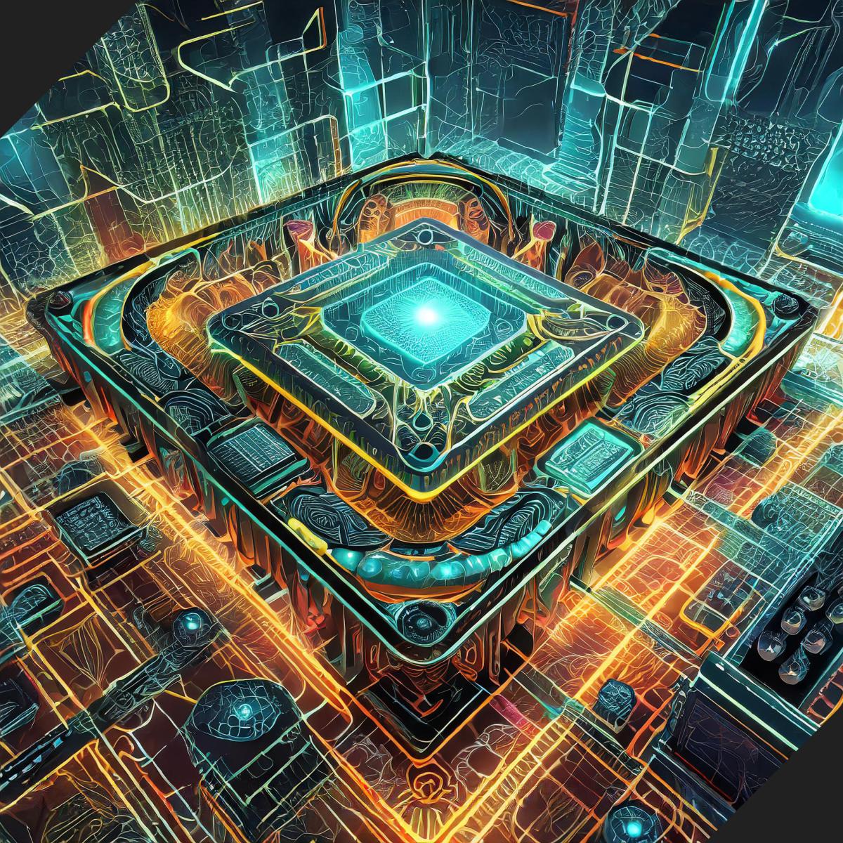 An AI generated image of a futuristic circuitboard concept in blues and yellows