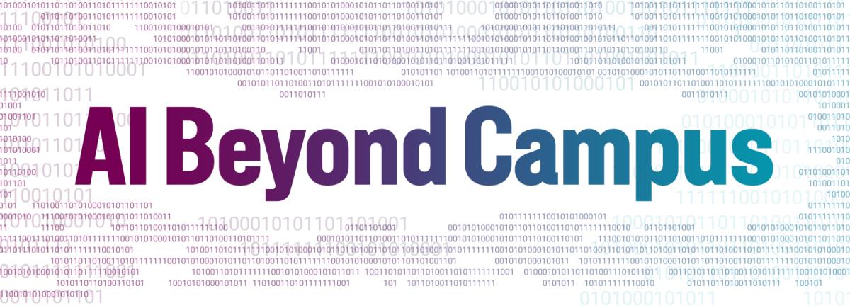 "AI Beyond Campus" with a background of ones and zeros in a blue-purple gradient