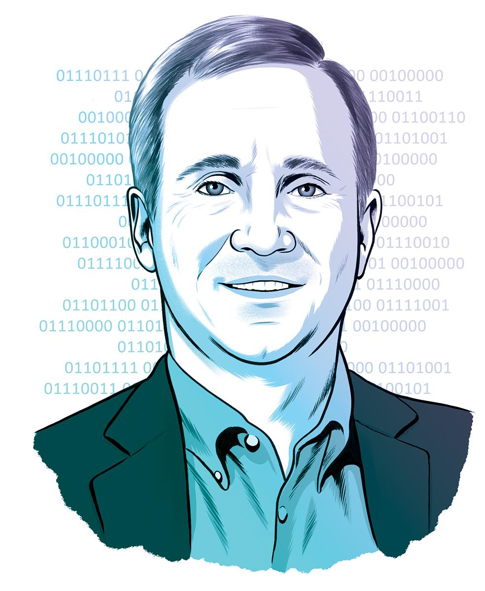 Illustrated portrait of Ken Klaer with ones and zeros in the background