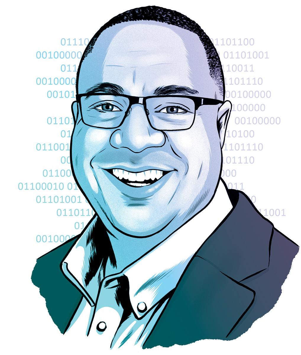 Illustrated portrait of David Neal with ones and zeros in the background