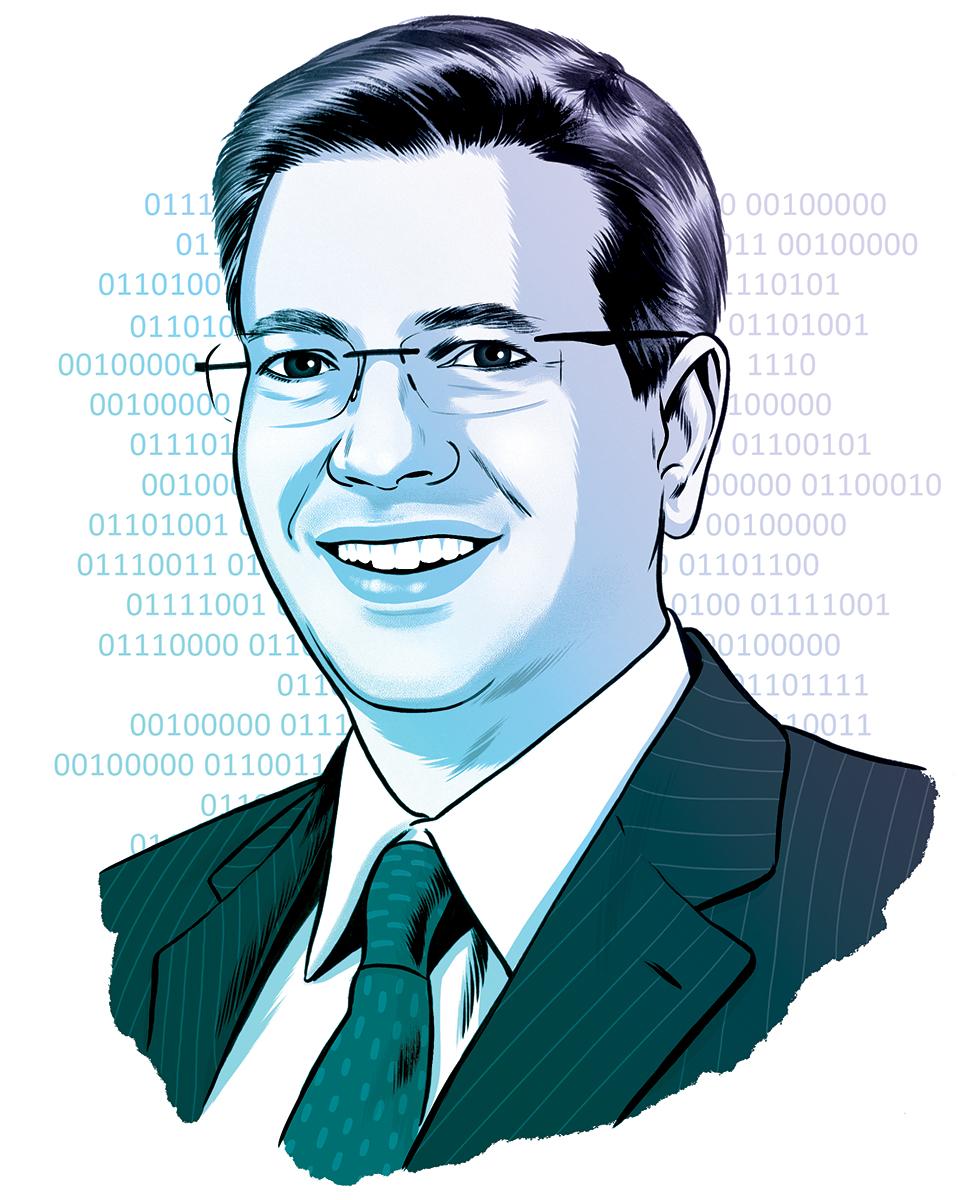 Illustrated portrait of Rohit Verma with ones and zeros in the background