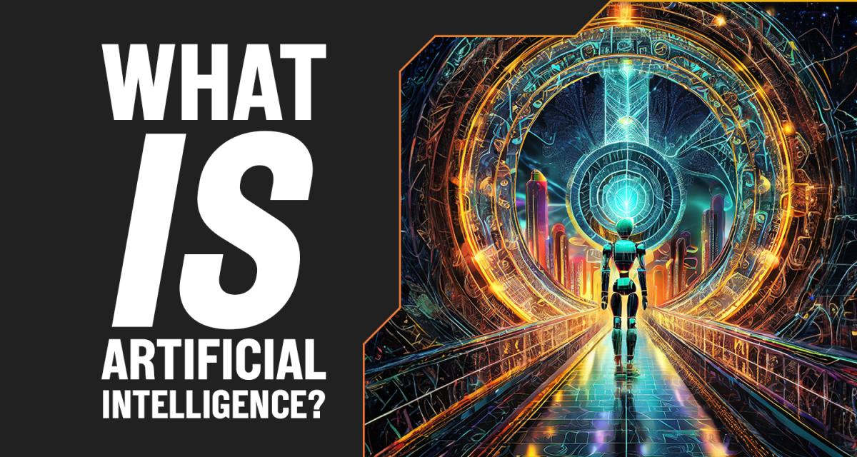 An AI generated image of a humanoid robot staring at a futuristic city with text: "What IS Artificial Intelligence?"