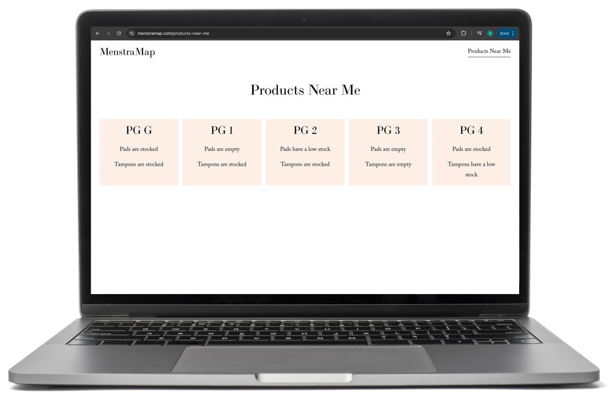 a screenshot of the MenstraMap app interface on a laptop showing "Products Near Me"