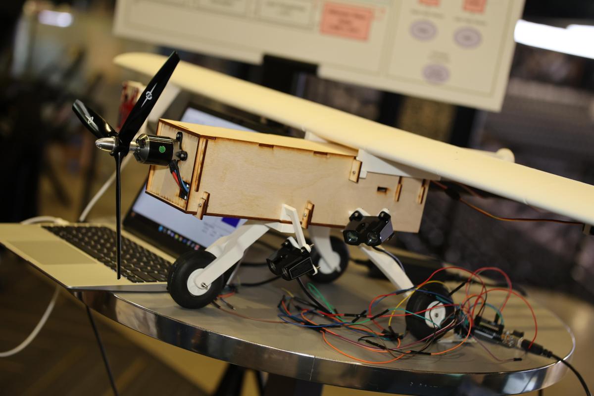 A small prototype plane on display at the Capstone Design Expo in spring 2024.