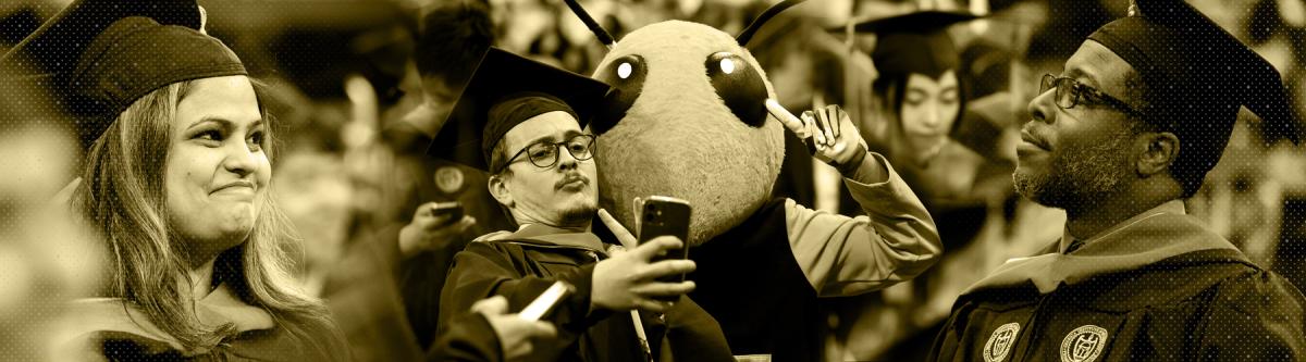 composite image of a graduate taking a selfie with Buzz, a smiling graduate, and a graduate looking up toward the stands at Commencement