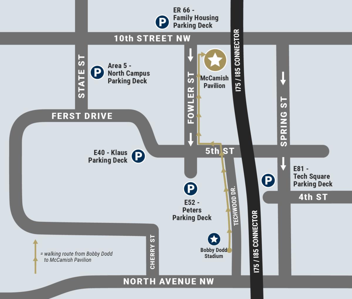 Simple map of Georgia Tech campus showing Commencement parking locations, McCamish Pavilion, and Bobby Dodd Stadium. A line with arrows shows the walking path from Bobby Dodd to McCamish.