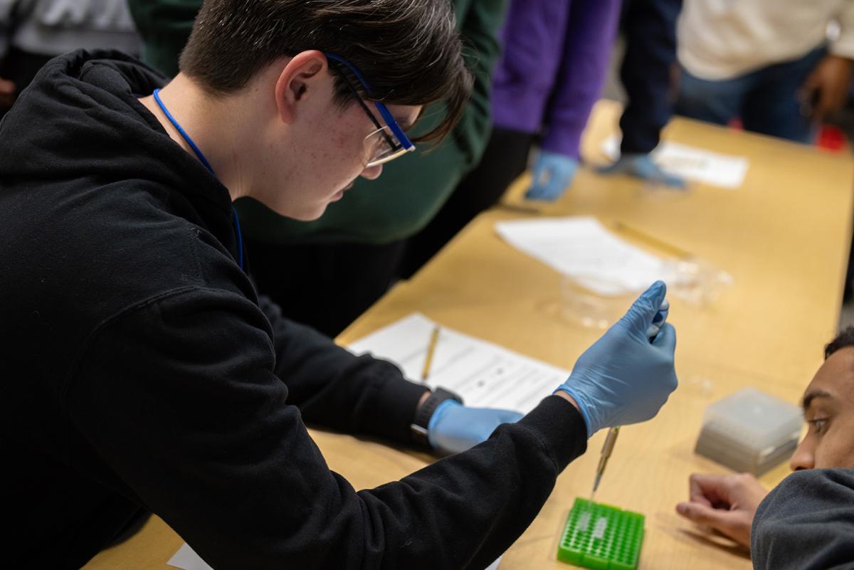 A student at a table holding a pipette over a green tray of samples. 