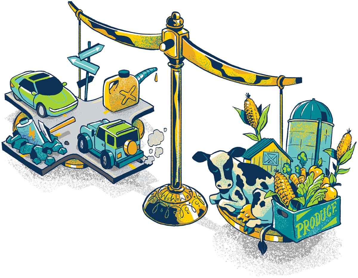 An illustration of the scales of justice, with gas-powered and electric vehicle elements on one side and food, farming, agriculture elements on the other