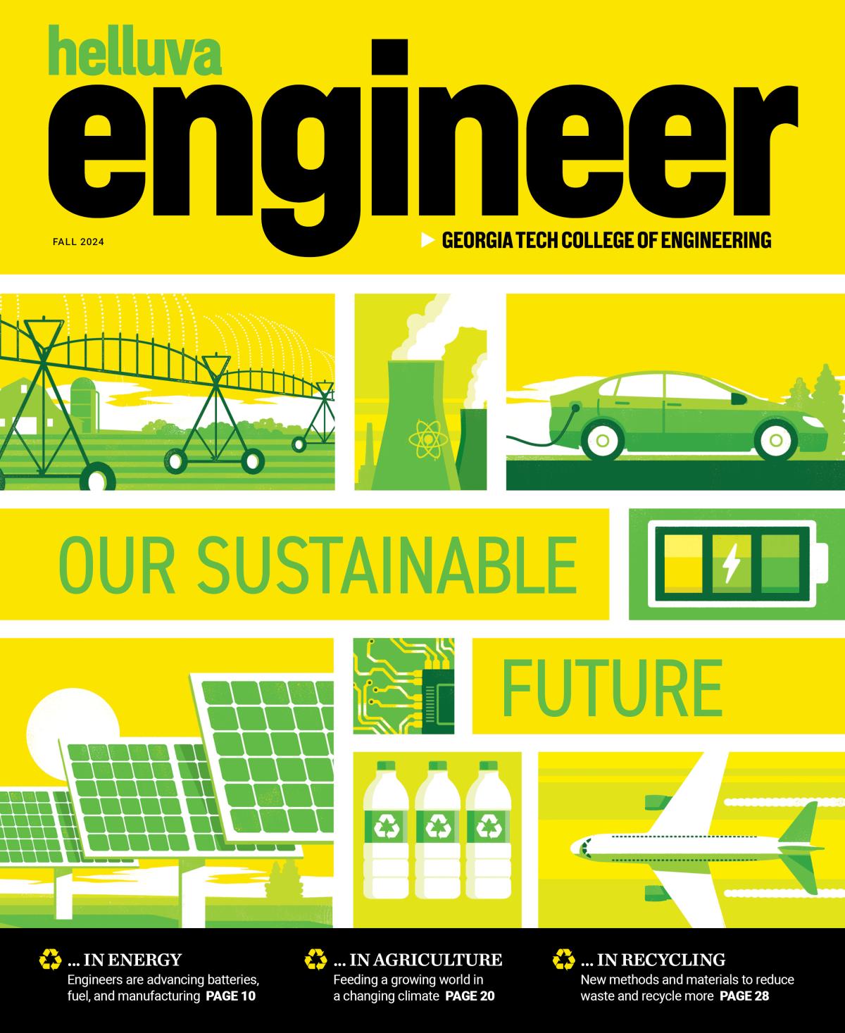 "Helluva Engineer" magazine cover illustration with headline "Our Sustainable Future" and images of cars, planes, solar panels, plastic bottles, and agriculture