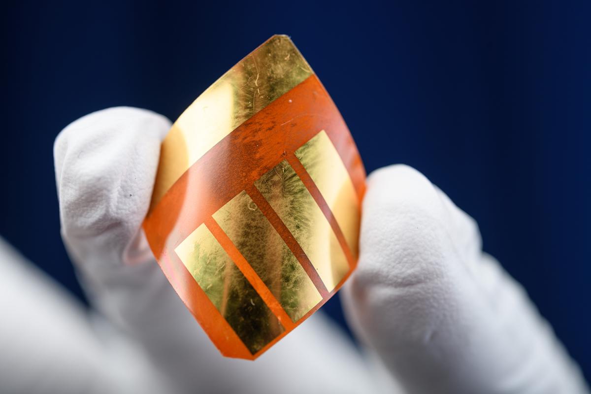 A closeup view of a hand holding a solar cell