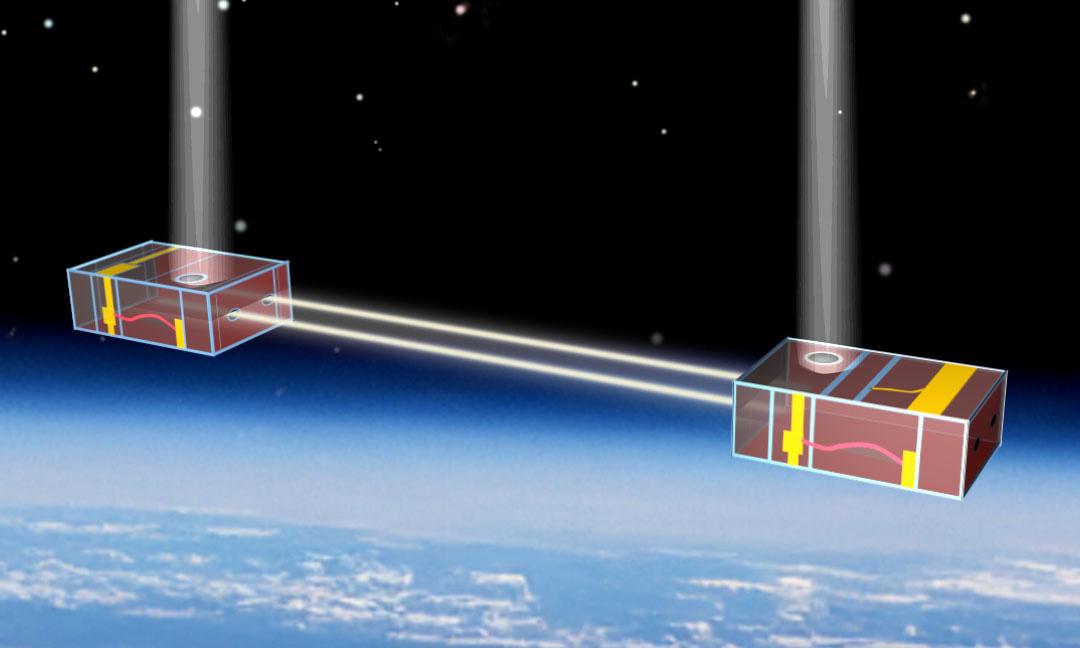 rendering of two CubeSats in space, collecting and beaming light beams