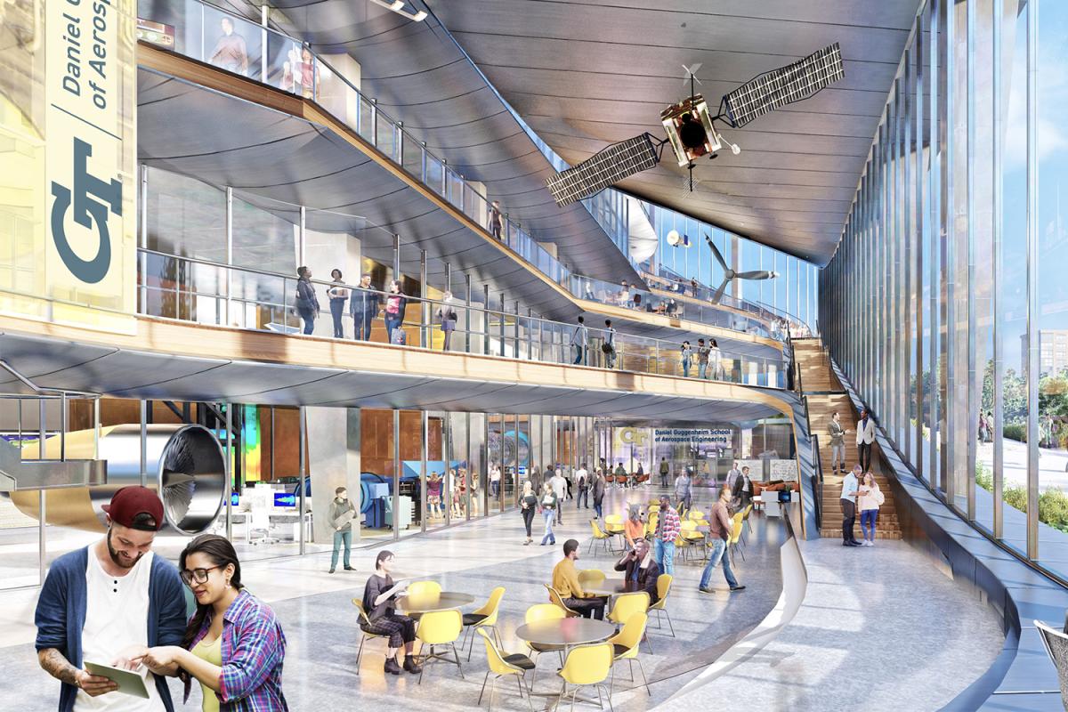 rendering of the inside of a building with people and aircraft