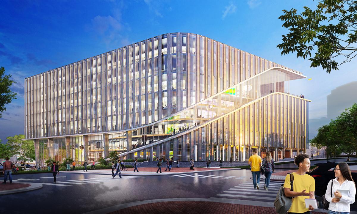 a rendering of the outside of a building with people walking