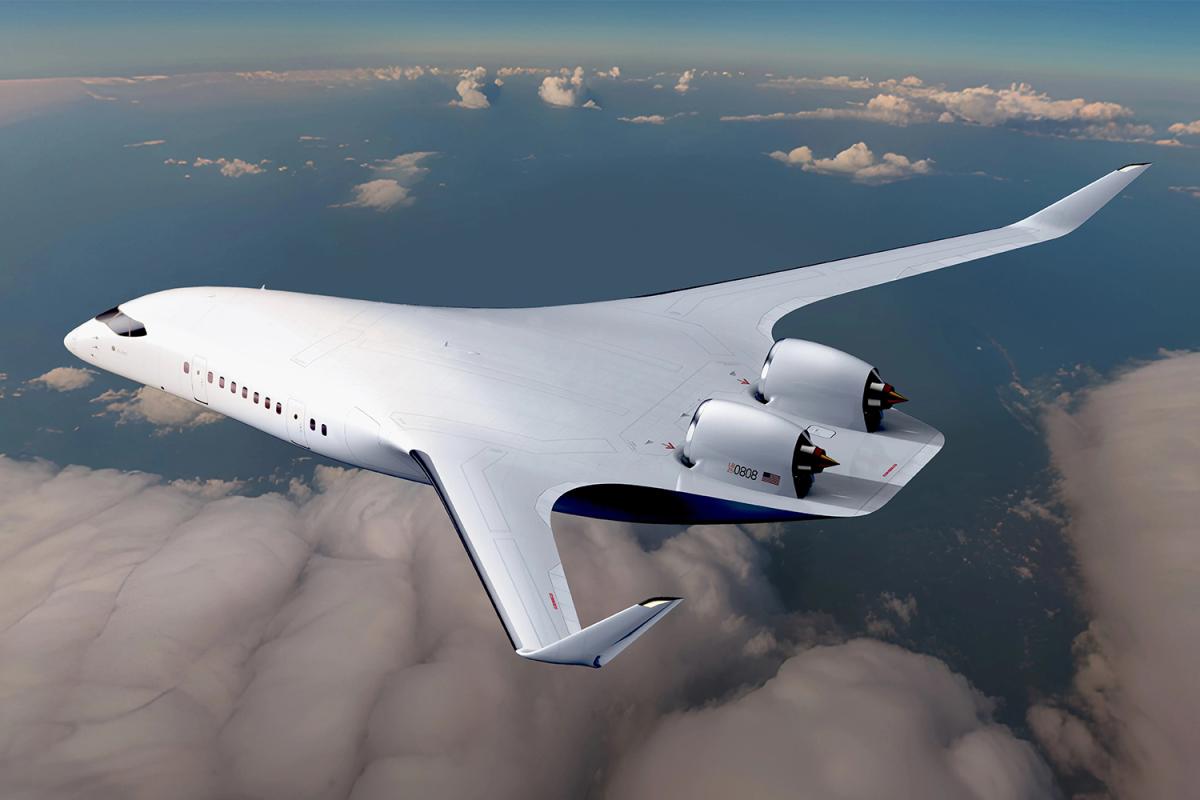 rendering of NASA and Jet Zero's blended wing aircraft