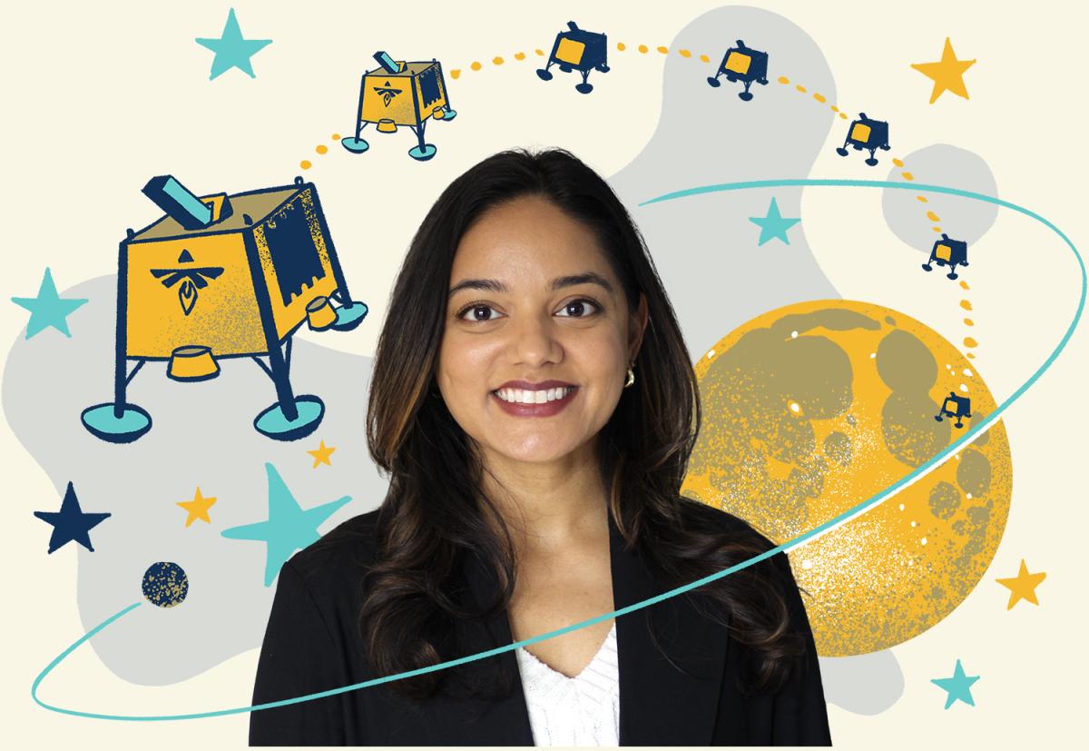 headshot of Farah Zuberi with illustrated aerospace icons