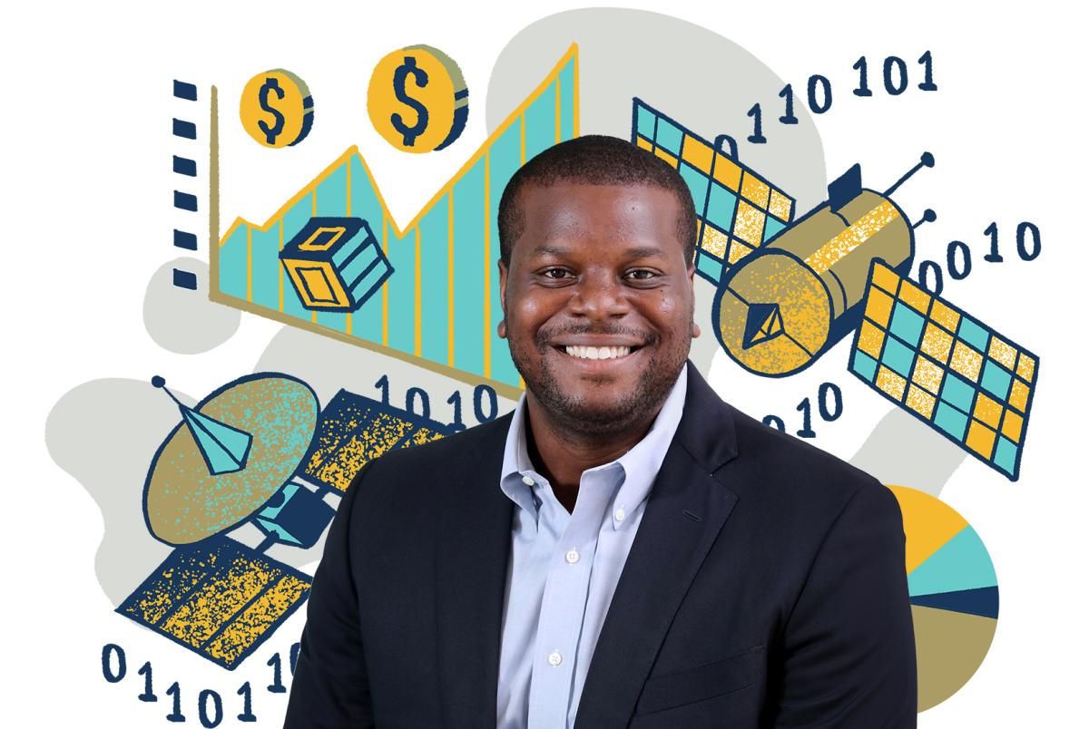 headshot of Philip June with illustrations of satellites, charts, and technology icons